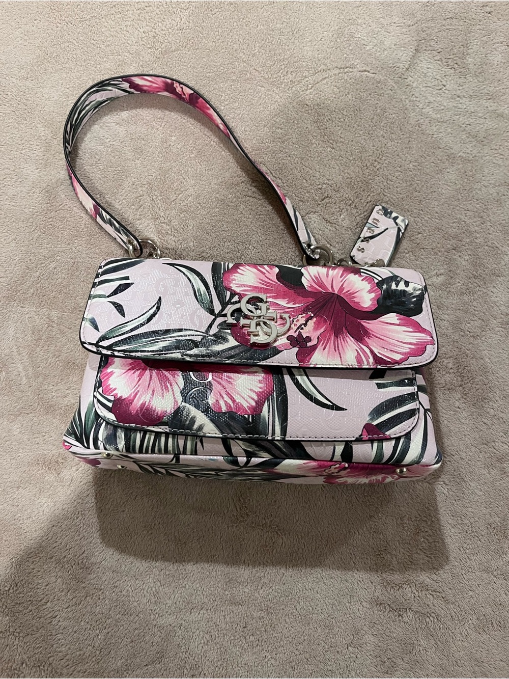 Guess Pink Floral Shoulder Bag with Green Leaf Print